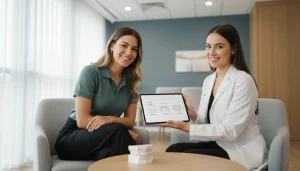 Dentist explaining crowns bridges and veneers to a patient during a smile restoration consultation in Millwoods