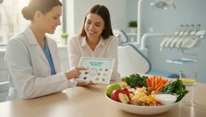 Dentist at D & D Dental Clinic Millwoods discussing healthy foods for oral health with a patient using a tablet, featuring fruits, vegetables, cheese, nuts, and water in a modern south Edmonton dental clinic