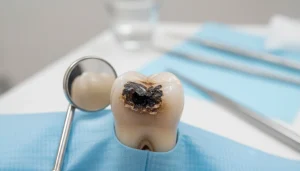 Close view of a tooth showing visible decay and cavity damage during a dental examination